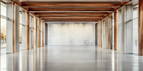 Fototapeta premium Modern architectural design features minimalist interior with wood and concrete elements