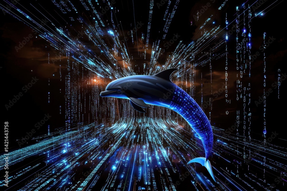 Fototapete A digital dolphin swims through a vortex of blue code, merging technology with marine imagery in a visually striking representation.