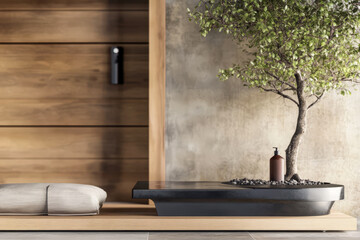 Zen garden with minimalist design in modern interior space showcasing tranquility and harmony