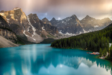 Stunning Moraine Lake surrounded by majestic mountains and lush forests at sunset
