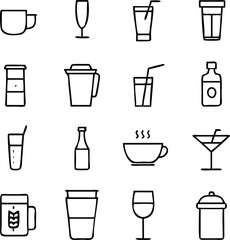 Drink Icon Set Vector | Beverage, Glassware & Refreshment Line Art Collection