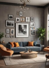 Fototapeta premium Stylish living room, eclectic gallery wall, mixed media art, artwork, space, canvas