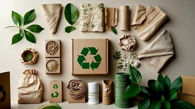 Eco-friendly recycled packaging materials with green leaves on neutral background