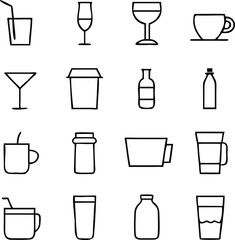 Drink Icon Set Vector | Beverage, Glassware & Refreshment Line Art Collection