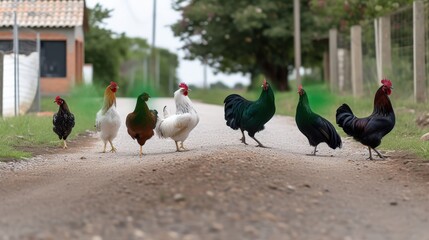 Chickens walking across a rural dirt road in a countryside setting
