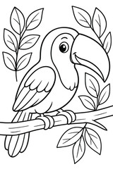 Black and white cartoon illustration of a toucan perched on a tree branch, surrounded by leafy plants. Simple line art design ideal for children’s coloring books or educational activities.