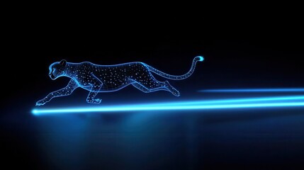 Naklejka premium A glowing, digital silhouette of a cheetah running swiftly, enhanced by blue light against a dark background.