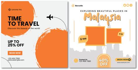 Captivating travel deals and Malaysia exploration in vibrant orange design