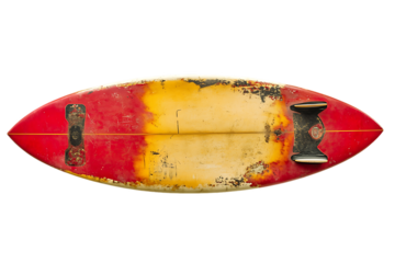 Worn Surfboard: Red Rails, Faded Yellow Deck, Aged and Textured.