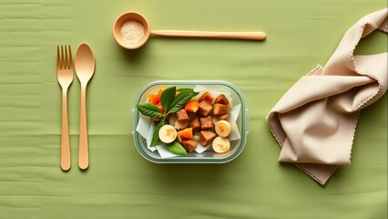 Healthy balanced meal prep container on a pastel green surface, ready for a nutritious lunch or
