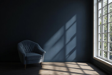 Blue velvet armchair in a dark room sunlight through window