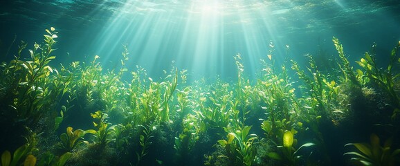 Obraz premium Underwater sunlight filtering through plants creates a serene ambiance