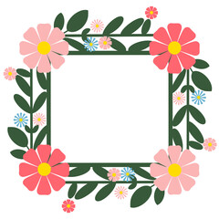 Elegant flower-themed frame in flat vector style, vibrant yet soft color scheme, minimalistic modern floral decorations on each corner, perfect for digital or print use