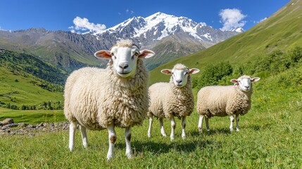 Obraz premium Fluffy Sheep Grazing in a Green Mountain Pasture with Snow Capped Peaks