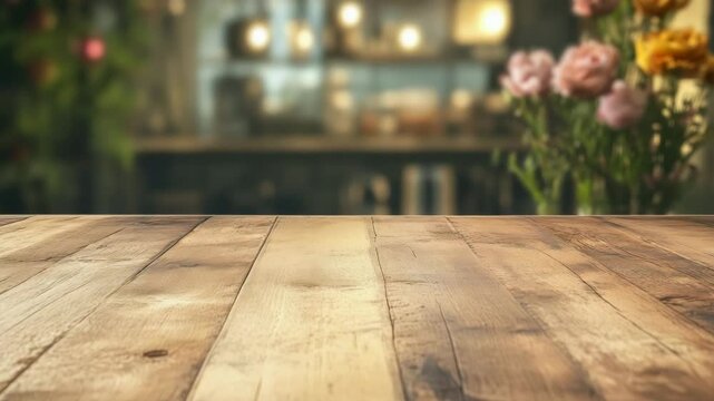 An empty wooden table on a blurred background in the room