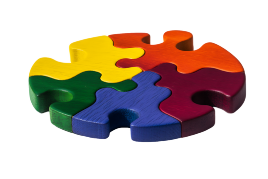 Interlocking Rainbow Puzzle: Wooden Pieces, Circular Arrangement.