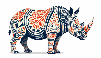 A detailed illustration of a rhino adorned with striking tribal patterns, isolated on white.