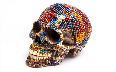 Skull Adorned with Colorful Beads Isolated on white background.