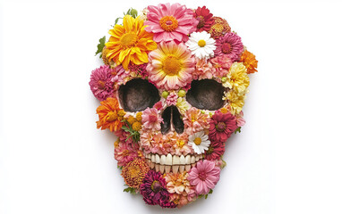 Nature-Inspired Skull Created with Flowers Isolated on white background.