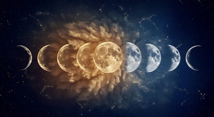  Ultra HD 32K line art of a moon phases sequence blending into ram’s wool curls, hyper-detailed background of fractal constellations in gold and cobalt. 