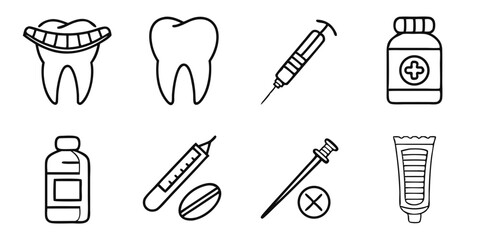 Dental Care Vector Icons Set with Tooth, Syringe, Medicine, and Oral Hygiene Tools