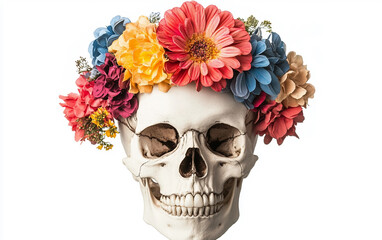 Floral Skull with a Stunning Colorful Crown Isolated on white background.