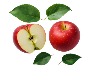 Apple half with red apple isolated. Apples with green leaves on white background. Red appl with clipping path. Full depth of field.