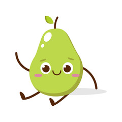 Cute green avocado cartoon character with happy face, showing a Joyful pose. Perfect for kids illustrations, healthy food designs, or educational materials. Isolated on white background with soft shad