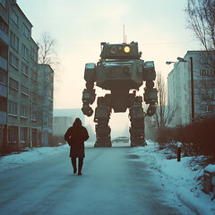 Futuristic scene of a large robot walking down a snowy street, with a person in the foreground.

