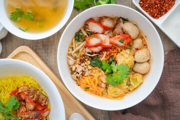 Various of Egg Noodle with Wonton and bbq Pork Soup 