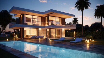Modern villa with pool and deck with interior and exterior views