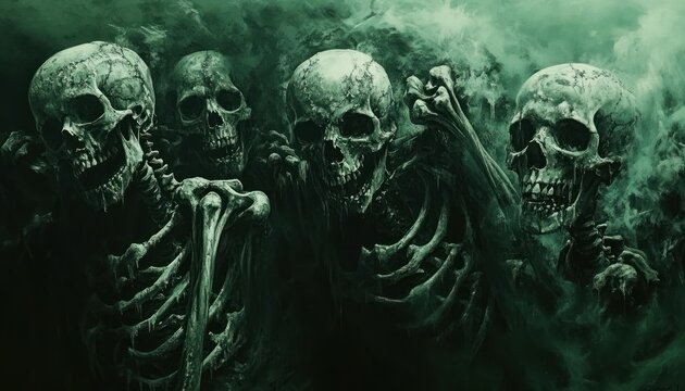 Macabre Assemblage: A Haunting Gathering of Skeletons Amidst Ethereal Mist
