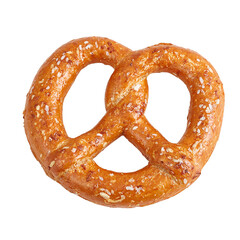Isolated single shiny and golden brown salted pretzel twist on white background
