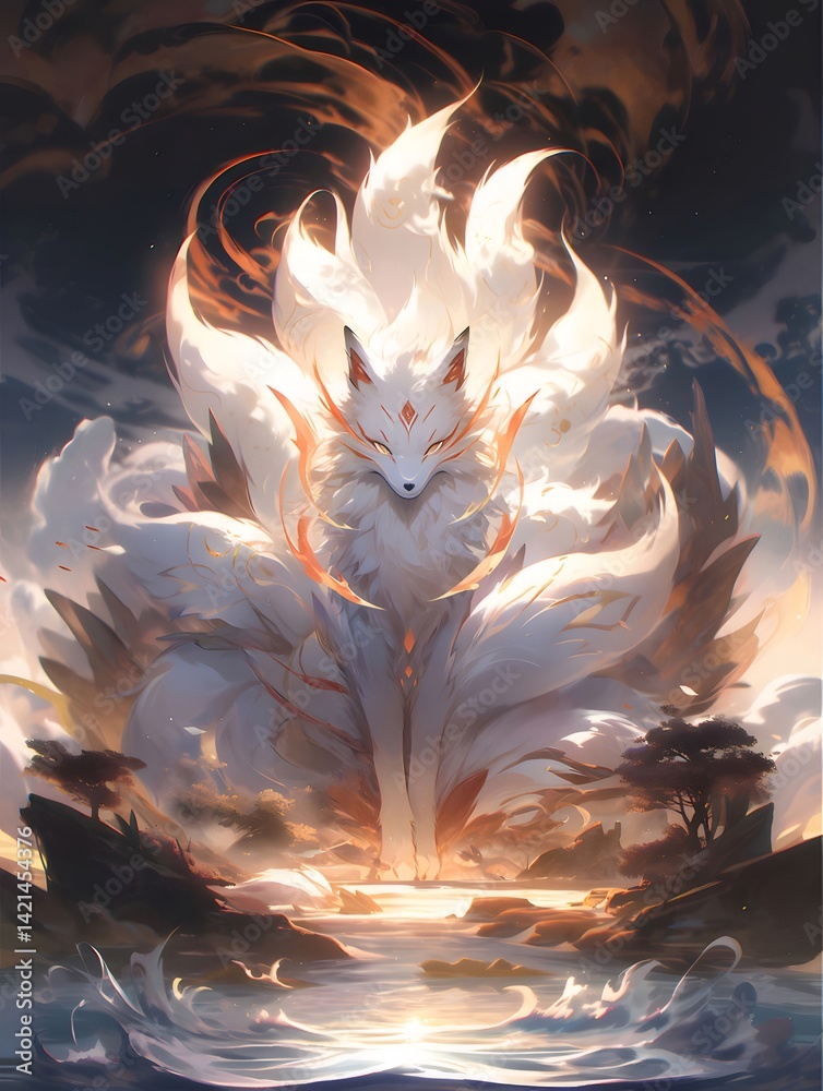 Poster 白い九尾の狐が炎のような光の中で輝く幻想的なイラスト 水辺と夕焼けの風景が背景