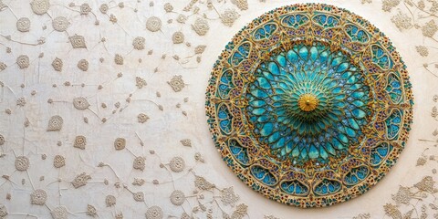Intricate turquoise and gold decorative dome on a textured wall
