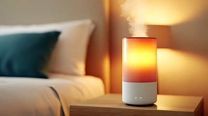 Humidifier on a bedside table next to a bed with a teal pillow, emitting steam in a warm bedroom