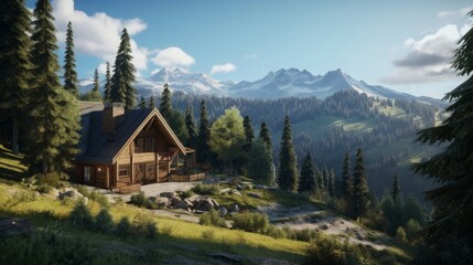 Nature with pine trees, mountains and beautiful chalet cider home exterior with bedroom interior view.