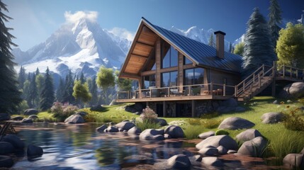 Nature with pine trees, mountains and beautiful chalet cider home exterior with bedroom interior view.
