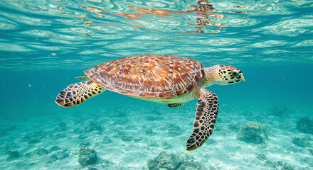 Obraz premium Sea Turtle Swimming in Clear Ocean Water Underwater View