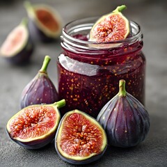Homemade Fig Jam in Glass Jar with Fresh Figs