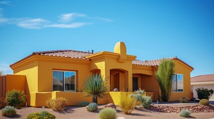 New ranch, gold and mustard yellow stucco home in Tucson, Arizona, USA with beautiful blue sky and landscaping.
