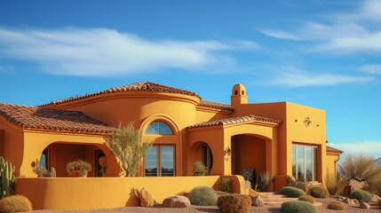 New ranch, gold and mustard yellow stucco home in Tucson, Arizona, USA with beautiful blue sky and landscaping.