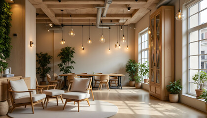 The coworking space offers a haven for digital nomads seeking a cozy and inspiring work environment. The style is minimalist, with clean lines and a focus on functionality