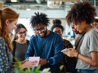 Diverse Group of Friends Engaging in Creative Collaboration in Modern Workspace