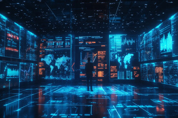 Person standing in a dark room surrounded by glowing screens displaying data and world map