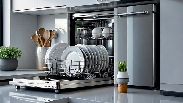 Open dishwasher with clean dishes in bright modern kitchen interior background
