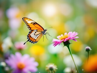 Obraz premium Vibrant Monarch Butterfly Hovering Near Pink Flower in a Colorful Floral Garden