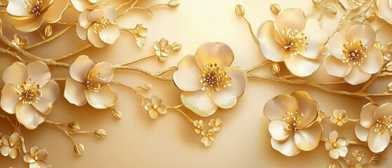 Elegant Gold-Toned Floral Art with Stylized Blossoms and Metallic Glossy Petals on Soft Gradient Background Perfect for Luxury Decor and Decorative Design Projects