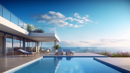 Perspective of modern building with terrace and swimming pool on sea view background,Idea of family vacation.