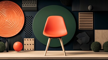 Modern orange chair in stylish interior with geometric wall decor and minimalistic design